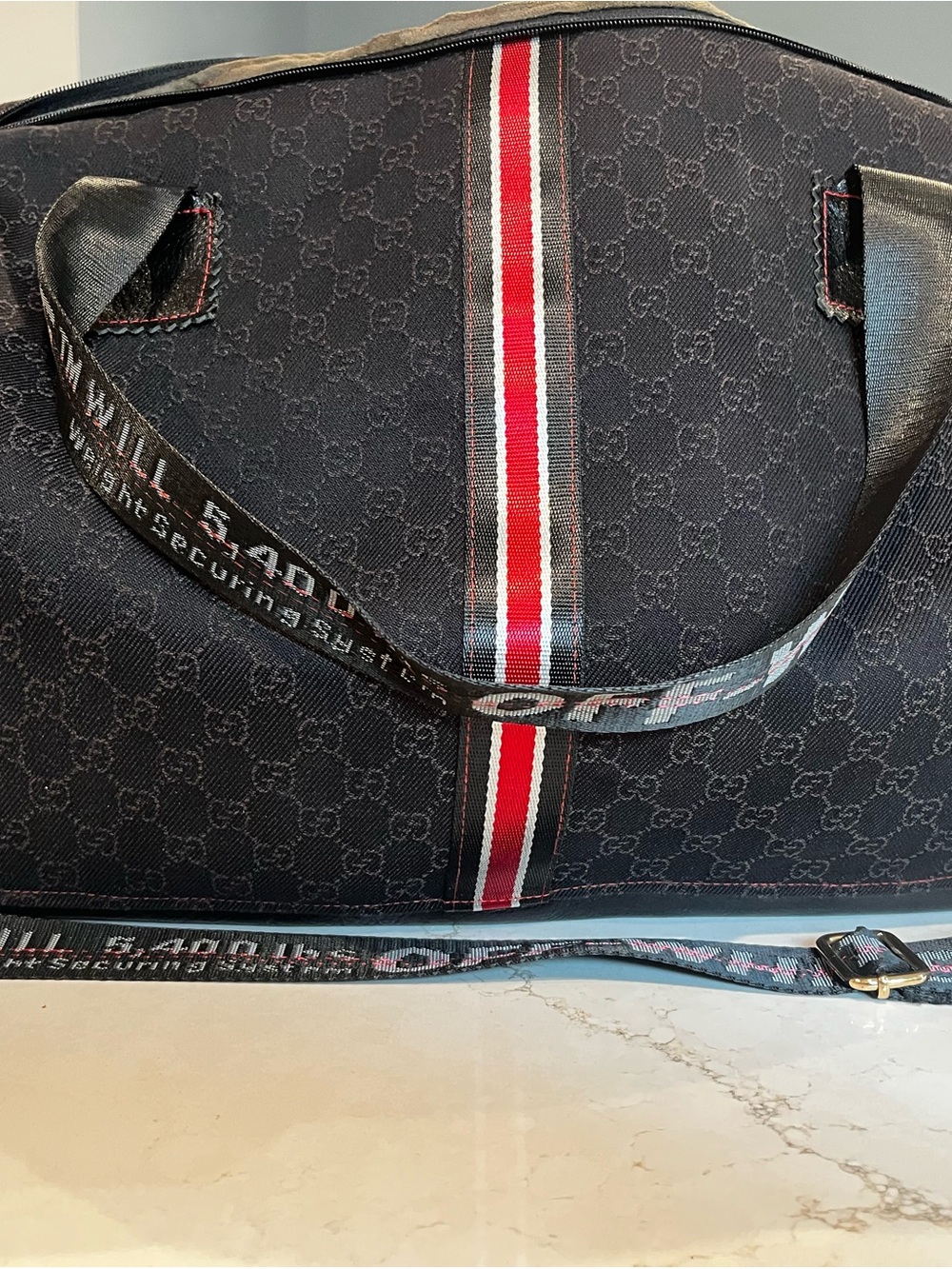 Black GG Monogram Duffel with  Center Stripe and Off White shoulder strap